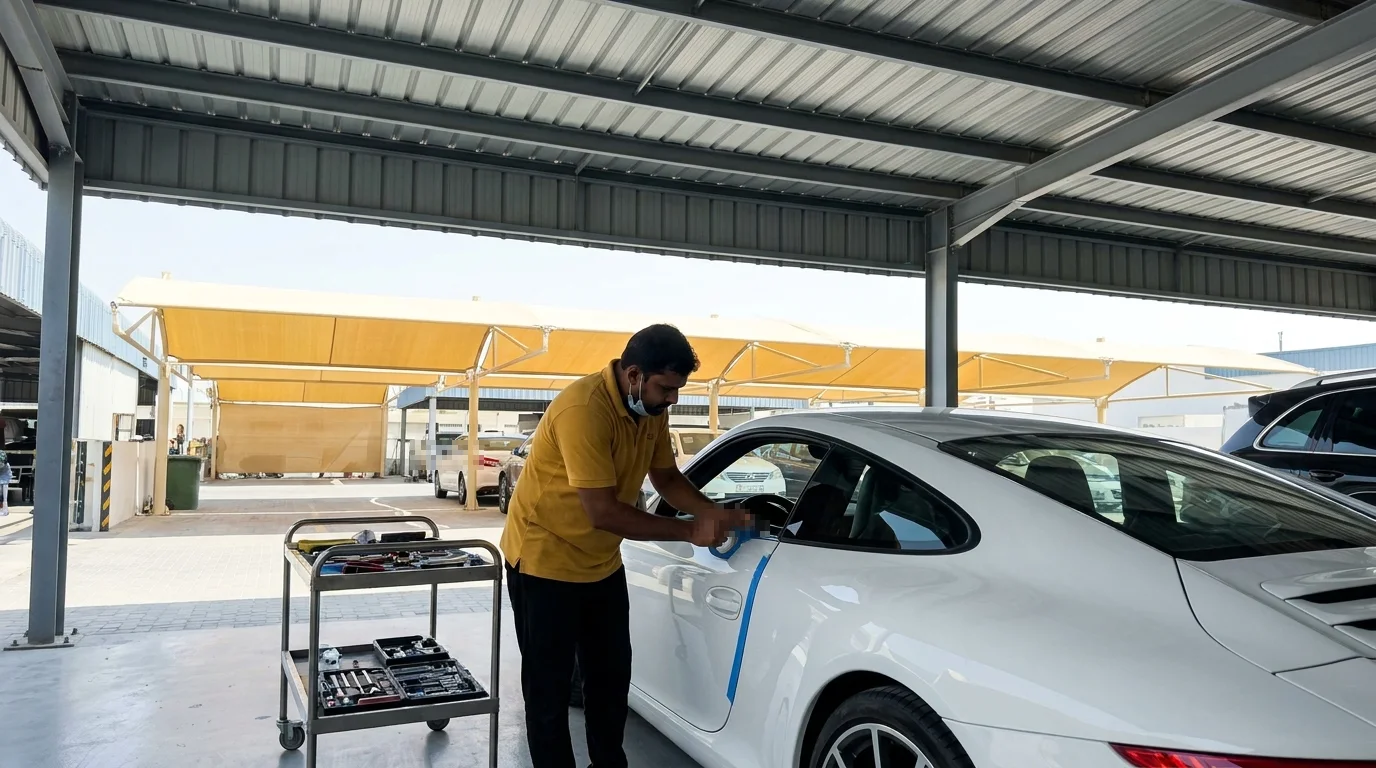 Active Auto paint work in progress — Al Quoz workshop, Dubai